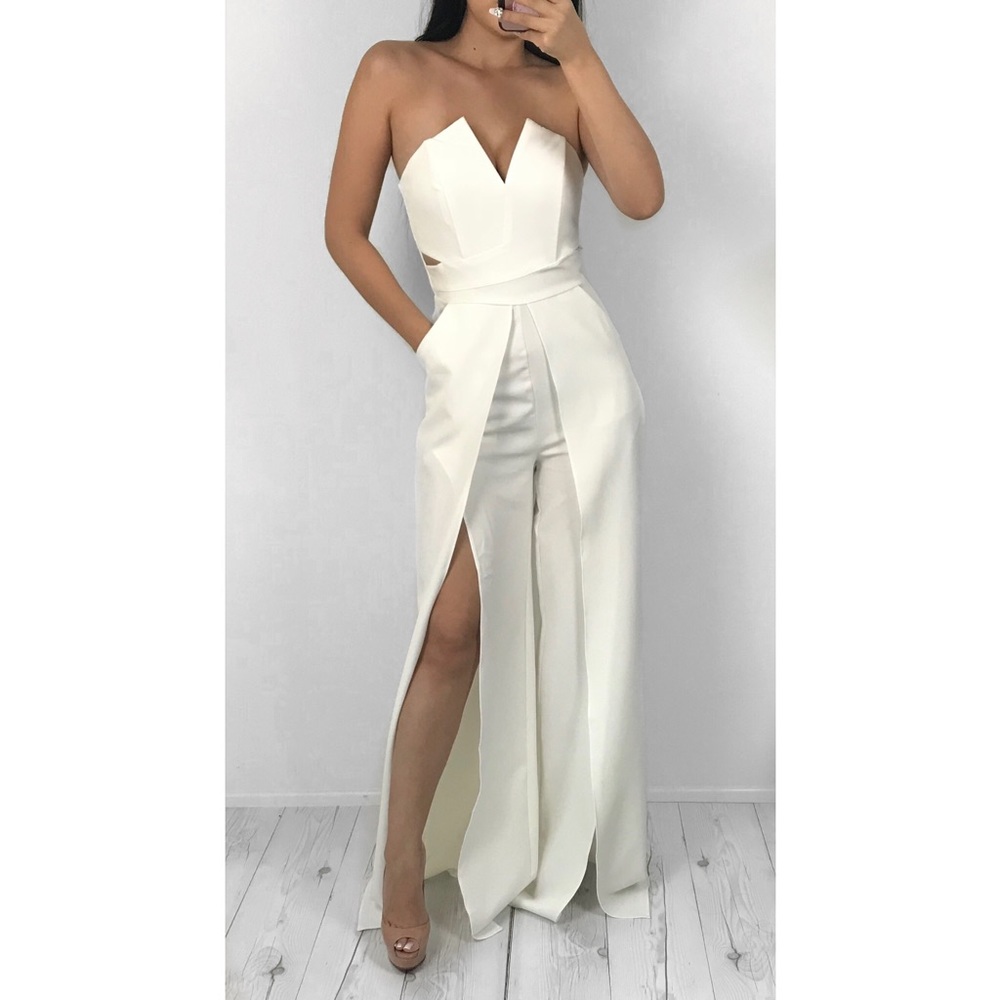 White slit leg bustier top jumpsuit pants